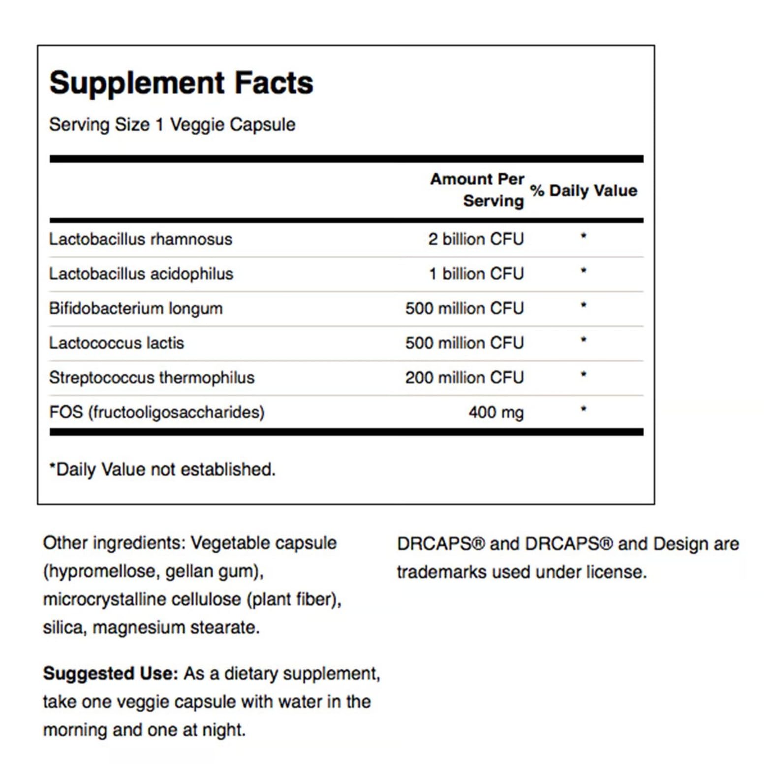 Product label showing 4.2B CFU and five probiotic strains