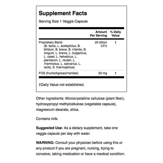 Close-up of bottle label highlighting probiotic strains