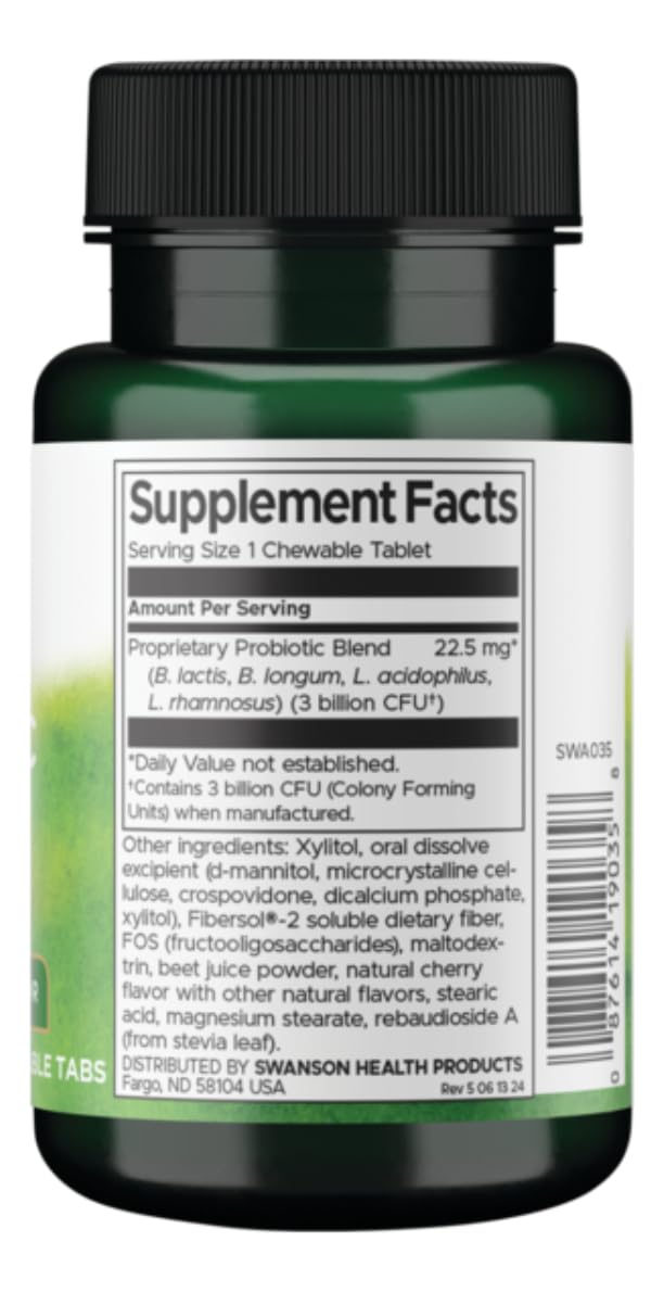 Close-up of Swanson Probiotic Kids NAT Cherry 60 CHWBL bottle label