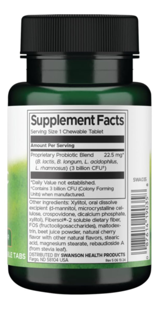 Close-up of Swanson Probiotic Kids NAT Cherry 60 CHWBL bottle label