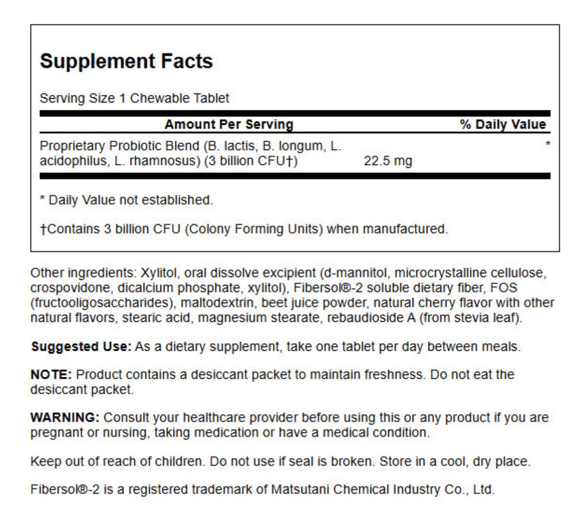 Swanson Probiotic Kids NAT Cherry 60 CHWBL packaging showing 3 billion CFU per tablet