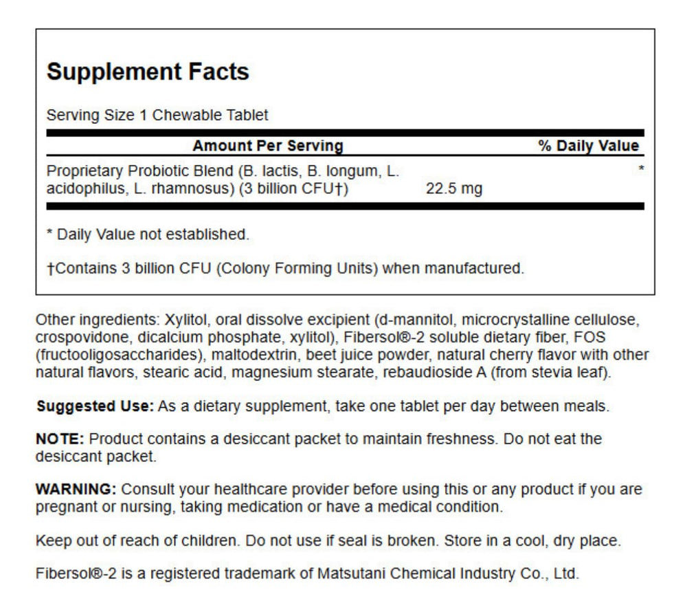 Swanson Probiotic Kids NAT Cherry 60 CHWBL packaging showing 3 billion CFU per tablet