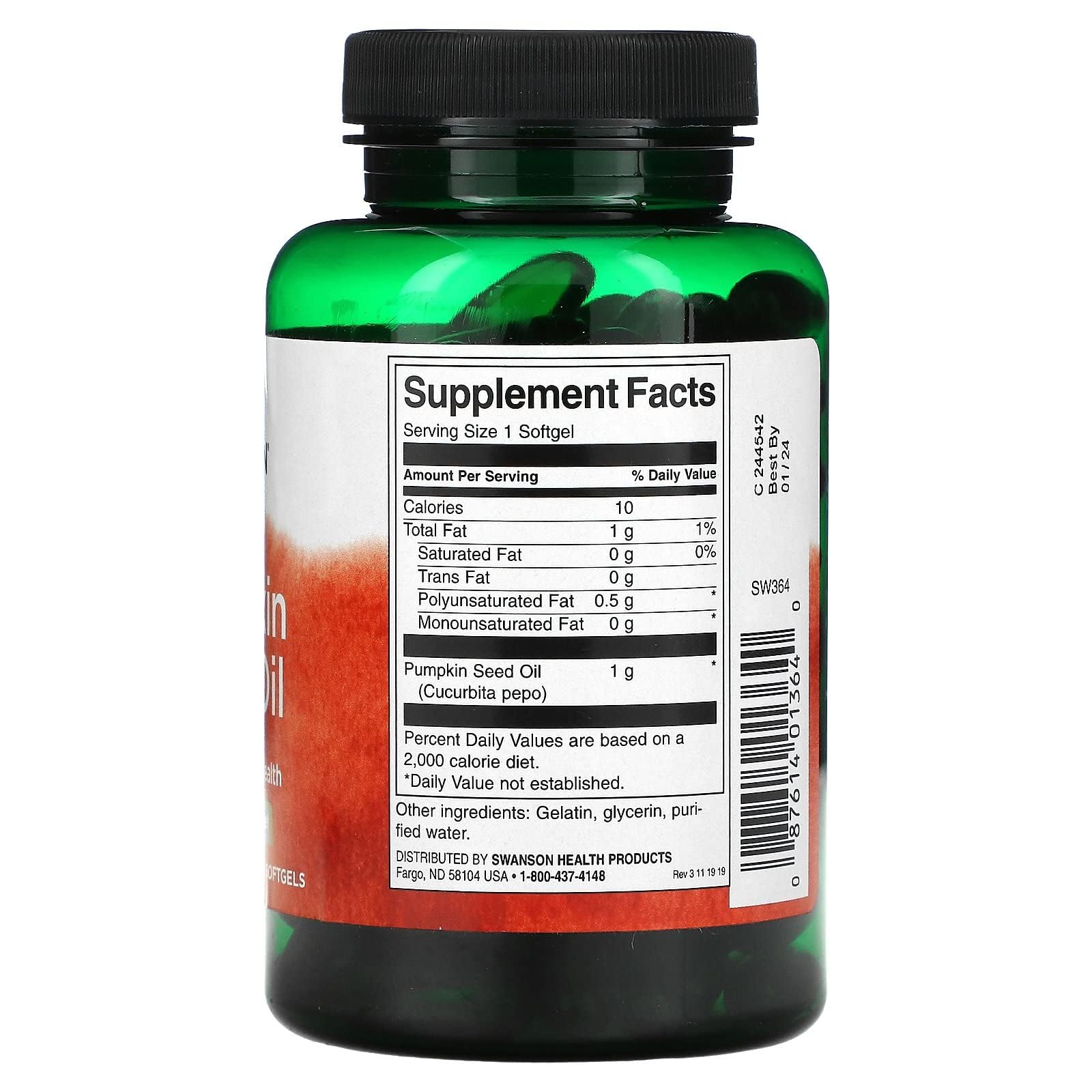 Close-up of Swanson Pumpkin Seed Oil label showing 1000 mg per softgel