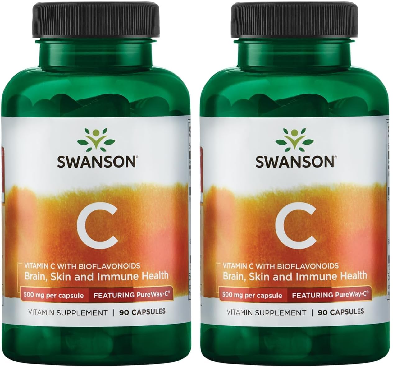 Two Swanson Pureway-Vitamin C 500mg with Bioflavonoids bottles (2-pack, 90 capsules each)