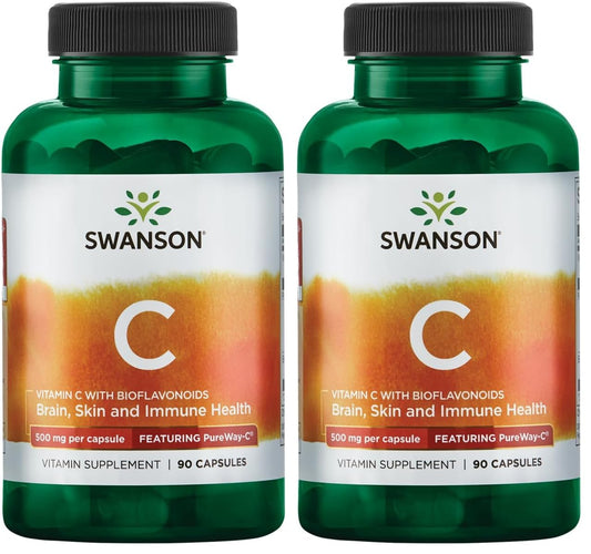 Two Swanson Pureway-Vitamin C 500mg with Bioflavonoids bottles (2-pack, 90 capsules each)