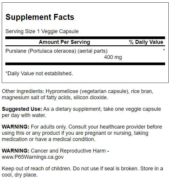 Purslane Portulaca oleracea extract label on Swanson bottle