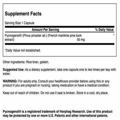Close-up of Pycnogenol 50 mg label showing 50 capsules