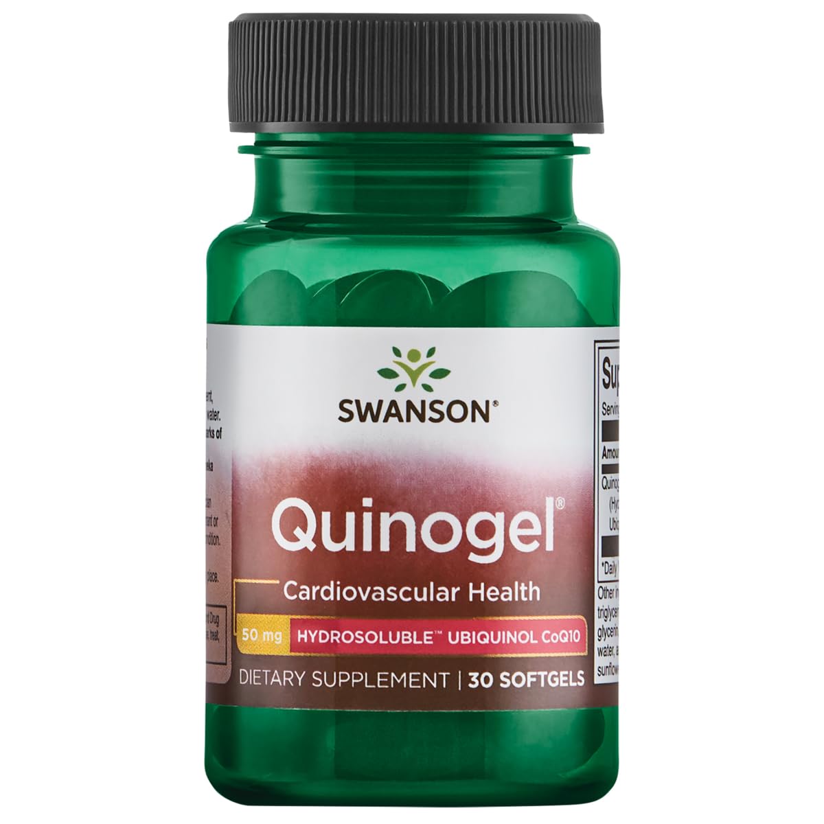 Bottle of Swanson Quinogel Hydrosoluble Ubiquinol CoQ10 50 mg softgels