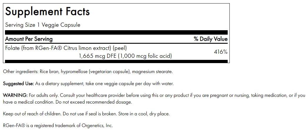 Close-up of Swanson Real Food Folic Acid 1000 mcg bottle and label