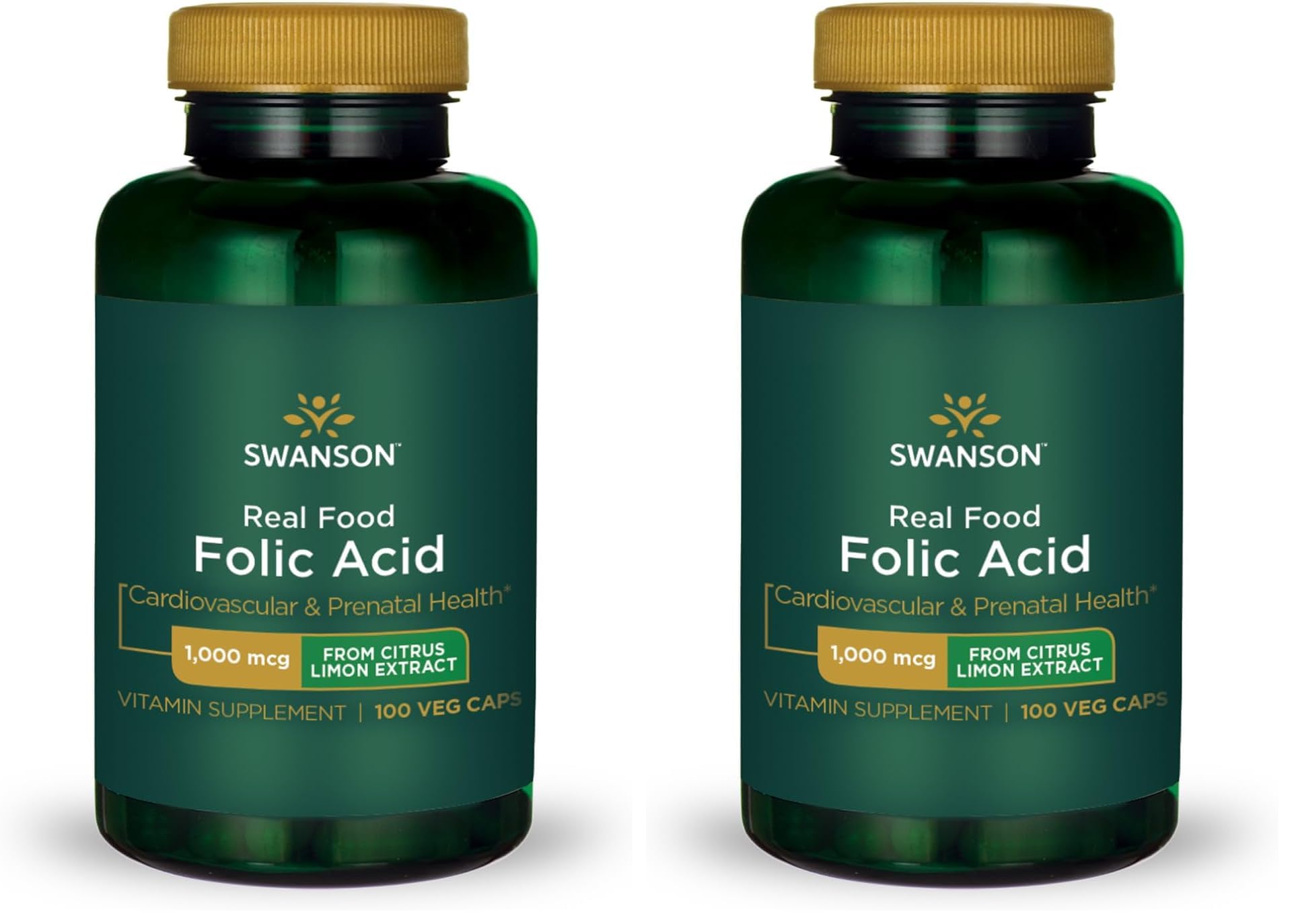 Swanson Real Food Folic Acid 1000 mcg Veggie Capsules bottle (2-pack)