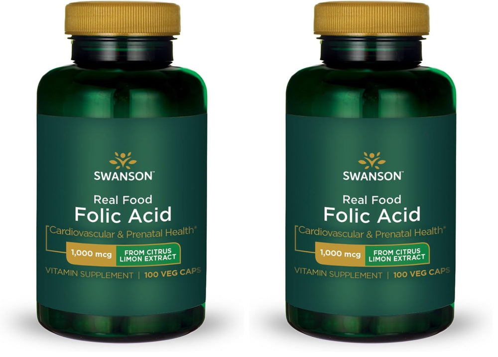 Swanson Real Food Folic Acid 1000 mcg Veggie Capsules bottle (2-pack)