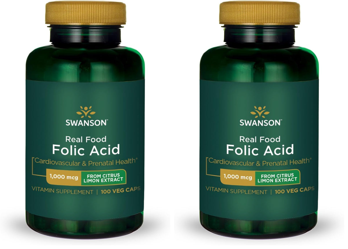 Swanson Real Food Folic Acid 1000 mcg Veggie Capsules bottle (2-pack)