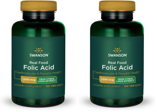 Swanson Real Food Folic Acid 1000 mcg Veggie Capsules bottle (2-pack)