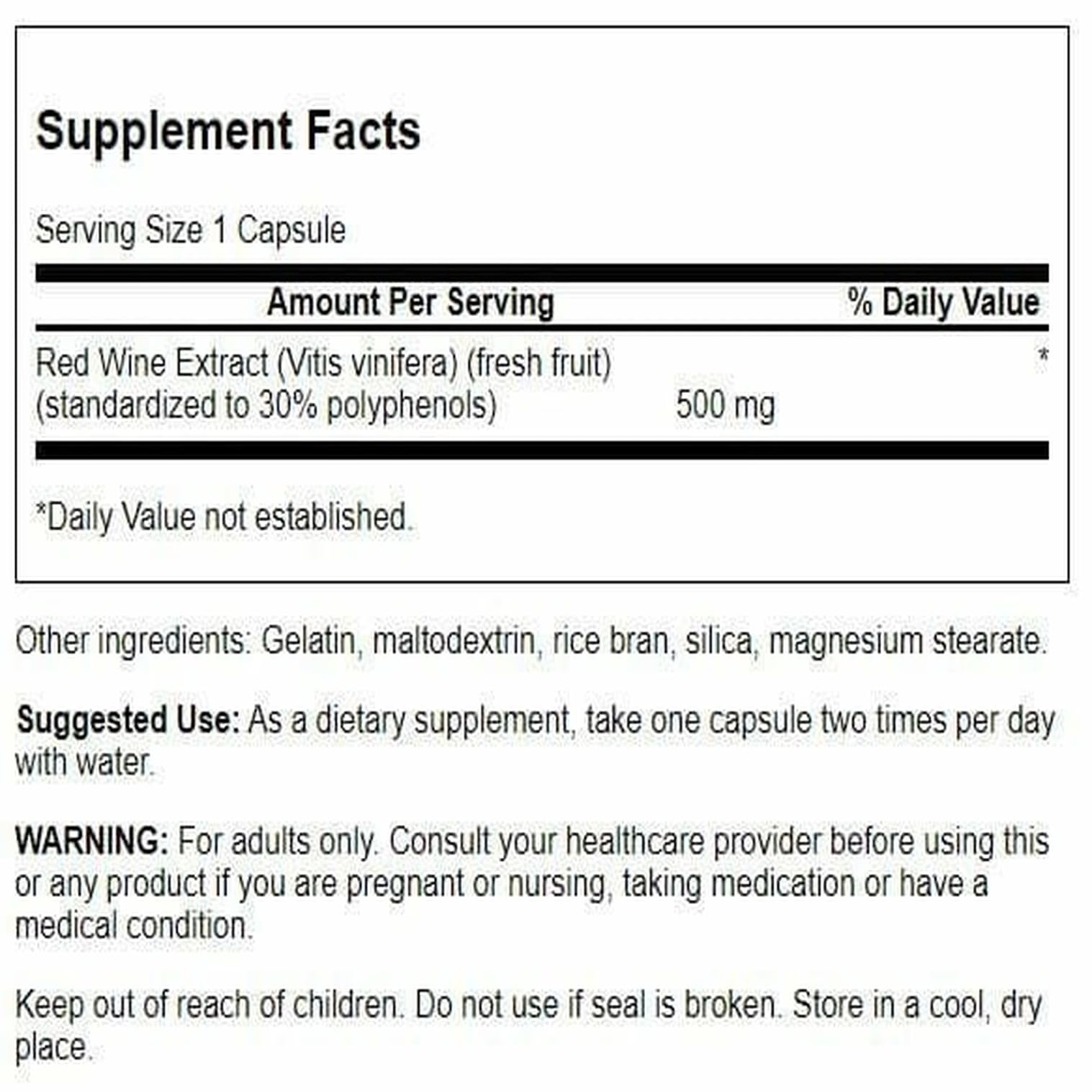 Front label of Swanson Red Wine Extract 500 mg bottle