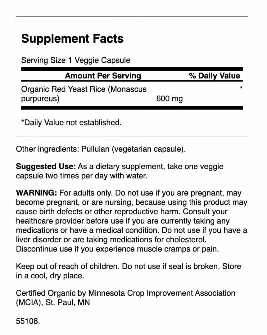 Close-up of Swanson red yeast rice 600 mg label