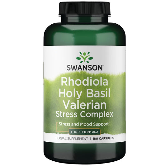 Swanson Rhodiola Holy Basil Valerian Stress Complex bottle front view