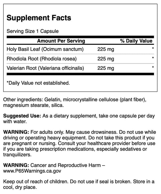 Swanson Rhodiola Holy Basil Valerian Stress Complex bottle back/side view