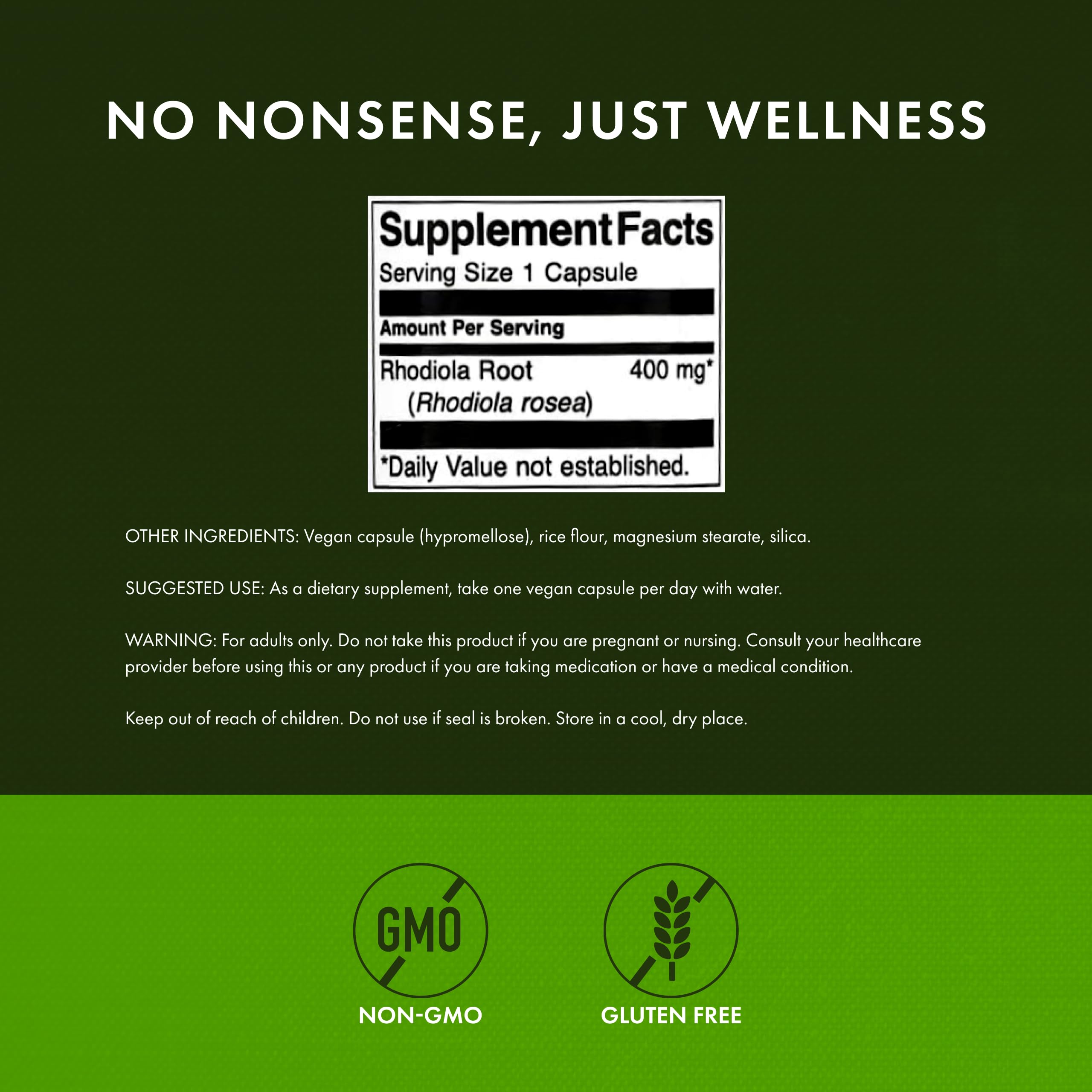 Swanson Rhodiola Rosea Root label showing natural adaptogenic formula.