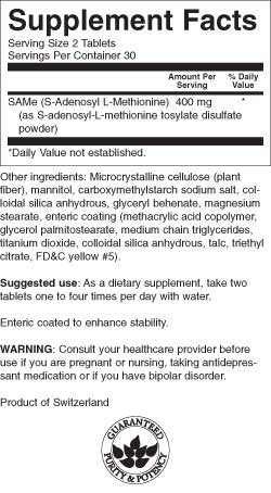 Close-up of Swanson SAMe 200 mg 60 tabs packaging