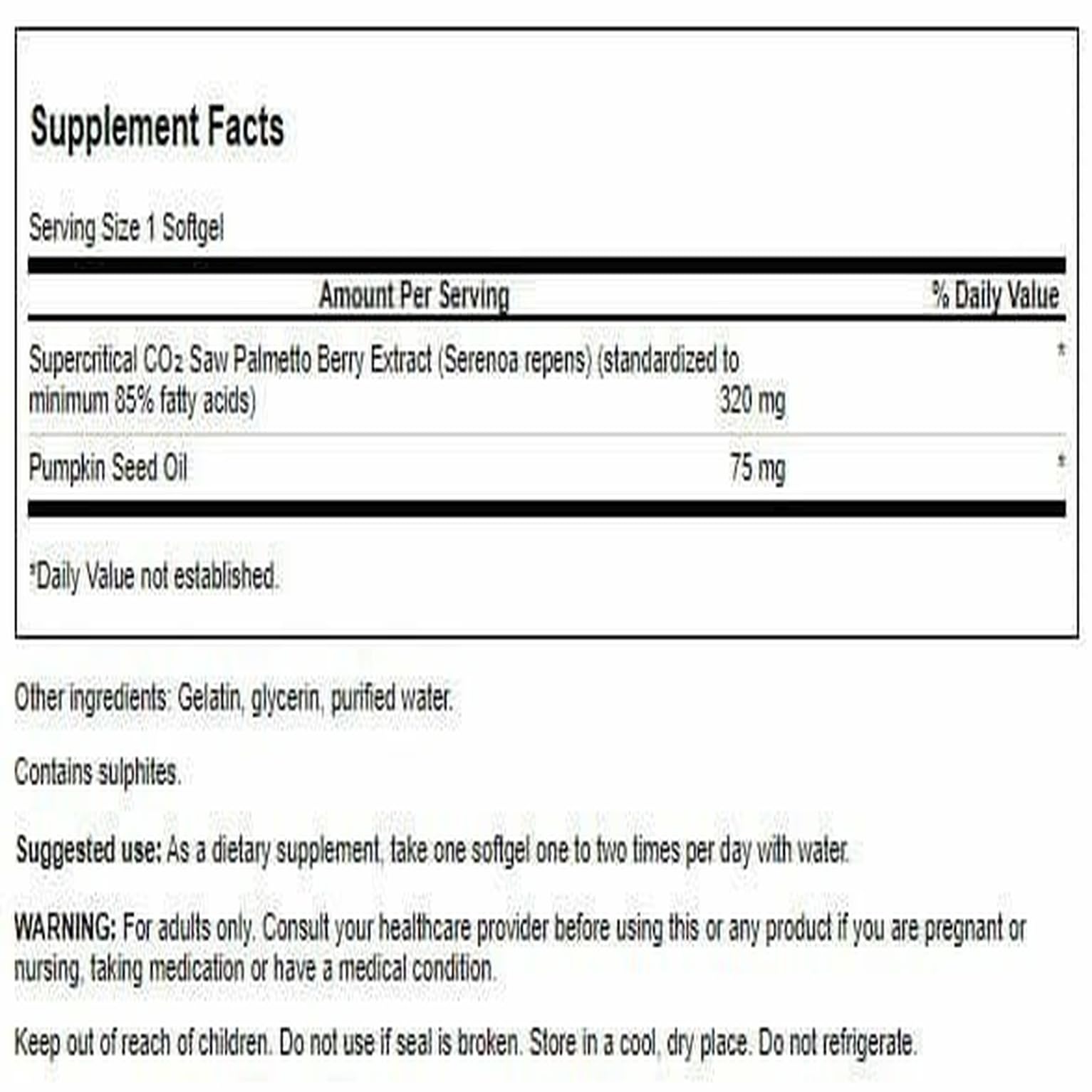 Close-up of Swanson Saw Palmetto 320 milligrams softgels bottle
