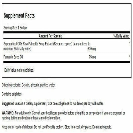 Close-up of Swanson Saw Palmetto 320 milligrams softgels bottle