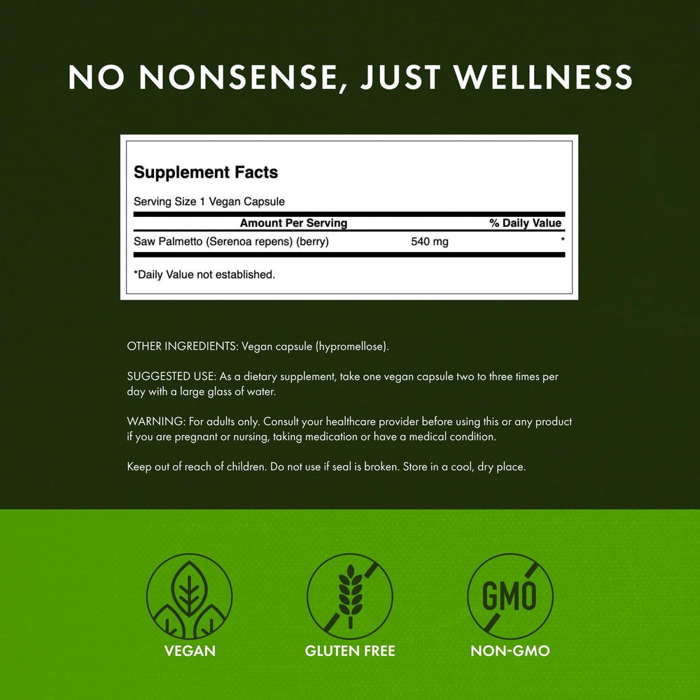 Close-up of Swanson Saw Palmetto 540 mg capsules