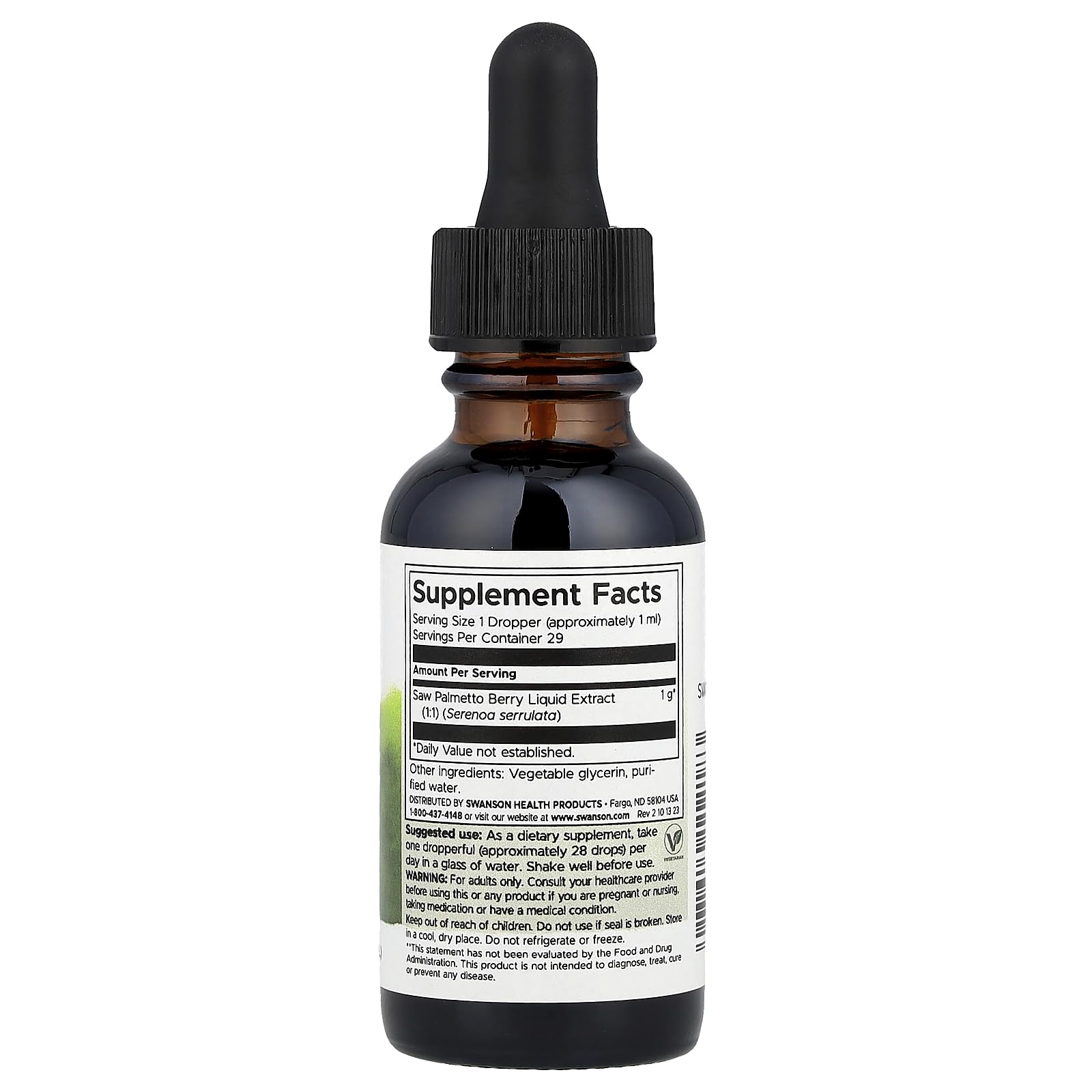Close-up of Swanson Saw Palmetto Liquid Extract bottle label