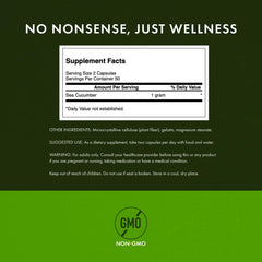 Close-up of Swanson Sea Cucumber capsules showing 500mg per capsule