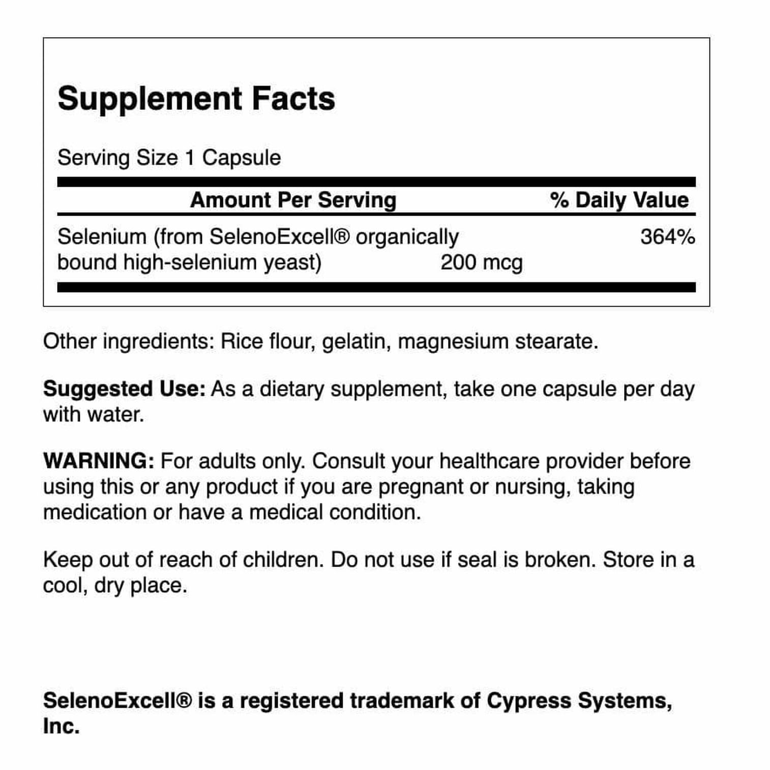 Close-up of selenium 200 mcg label on bottle