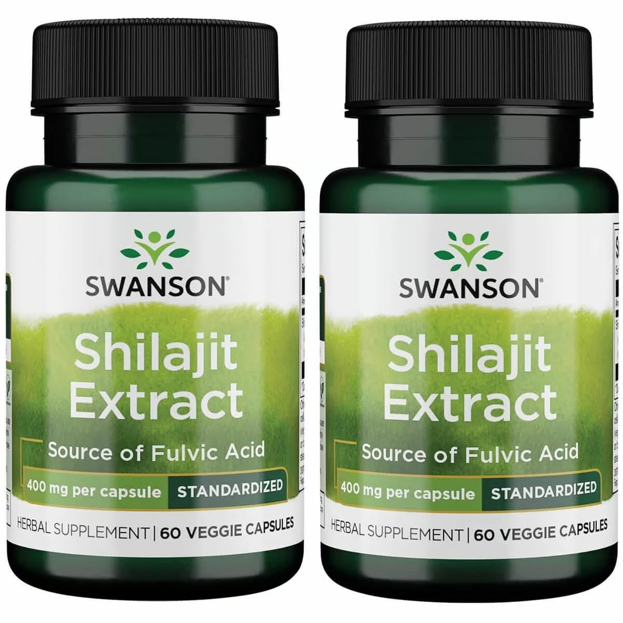 Swanson Shilajit Extract bottle label showing 400 mg per capsule, 60 vegan capsules, 2-pack