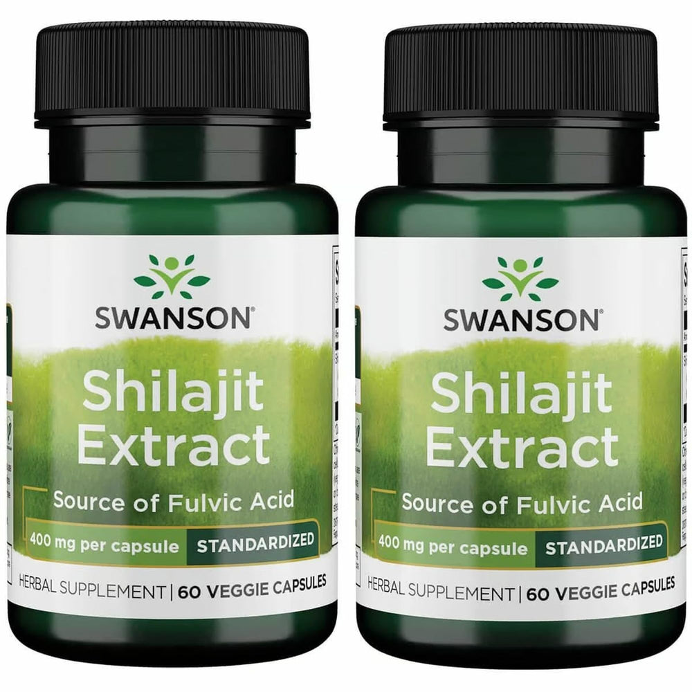 Swanson Shilajit Extract bottle label showing 400 mg per capsule, 60 vegan capsules, 2-pack