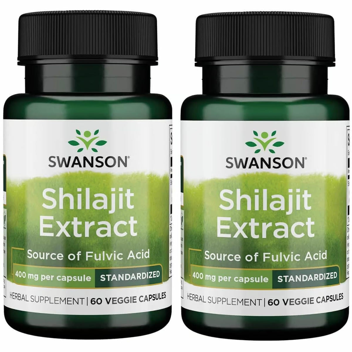 Swanson Shilajit Extract bottle label showing 400 mg per capsule, 60 vegan capsules, 2-pack