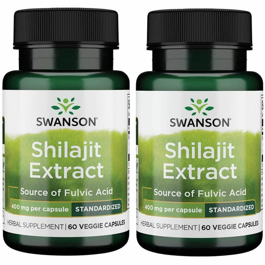 Swanson Shilajit Extract bottle label showing 400 mg per capsule, 60 vegan capsules, 2-pack