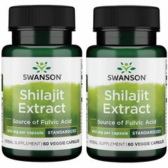 Swanson Shilajit Extract bottle label showing 400 mg per capsule, 60 vegan capsules, 2-pack