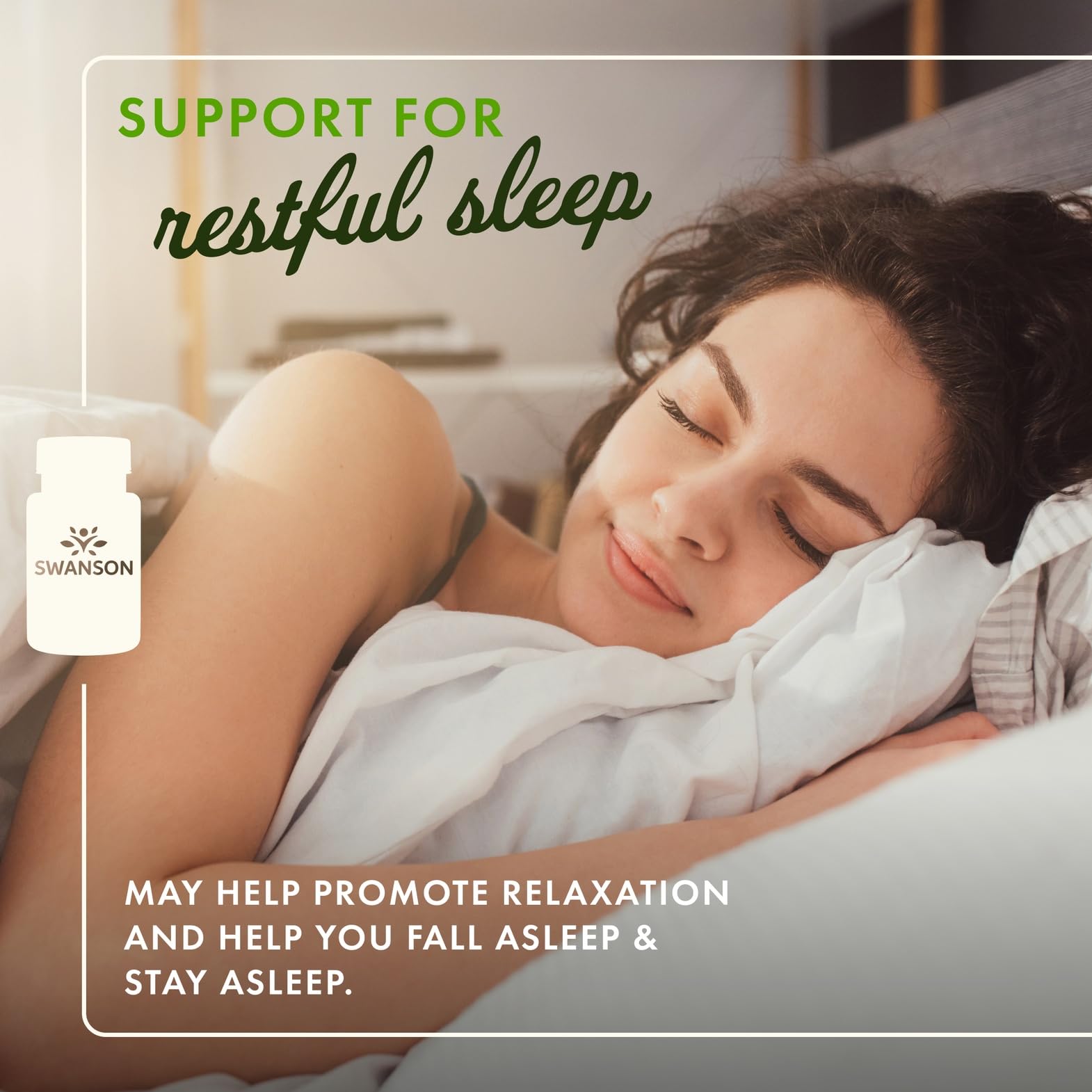 Graphic showing Swanson Sleep Essentials ingredients including melatonin and GABA