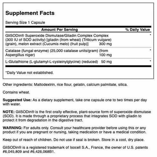 Close-up of Swanson SOD Gliadin Complex 300 mg label