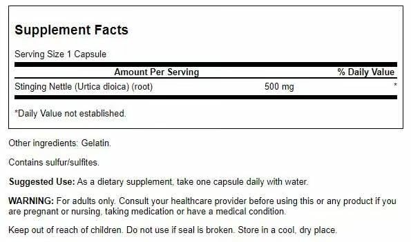 Close-up of 500mg per capsule Stinging Nettle Root label