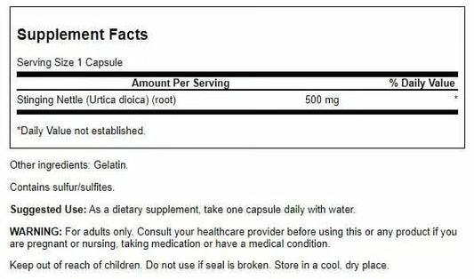 Close-up of 500mg per capsule Stinging Nettle Root label