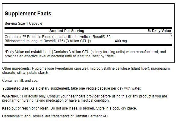 Close-up of Cerebiome probiotic strains on packaging
