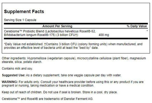 Close-up of Cerebiome probiotic strains on packaging