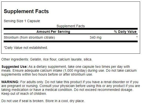 Close-up of the Swanson Strontium Citrate 340 mg label on the bottle