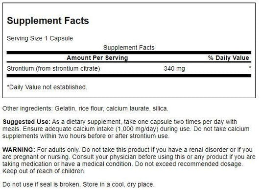 Close-up of the Swanson Strontium Citrate 340 mg label on the bottle