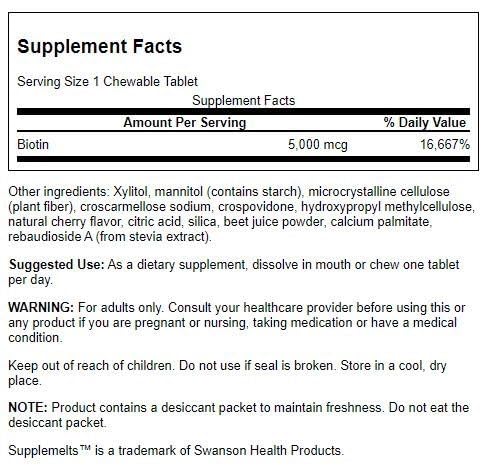 Swanson Sublingual Biotin 5000 mcg 60 chewables bottle - image 2