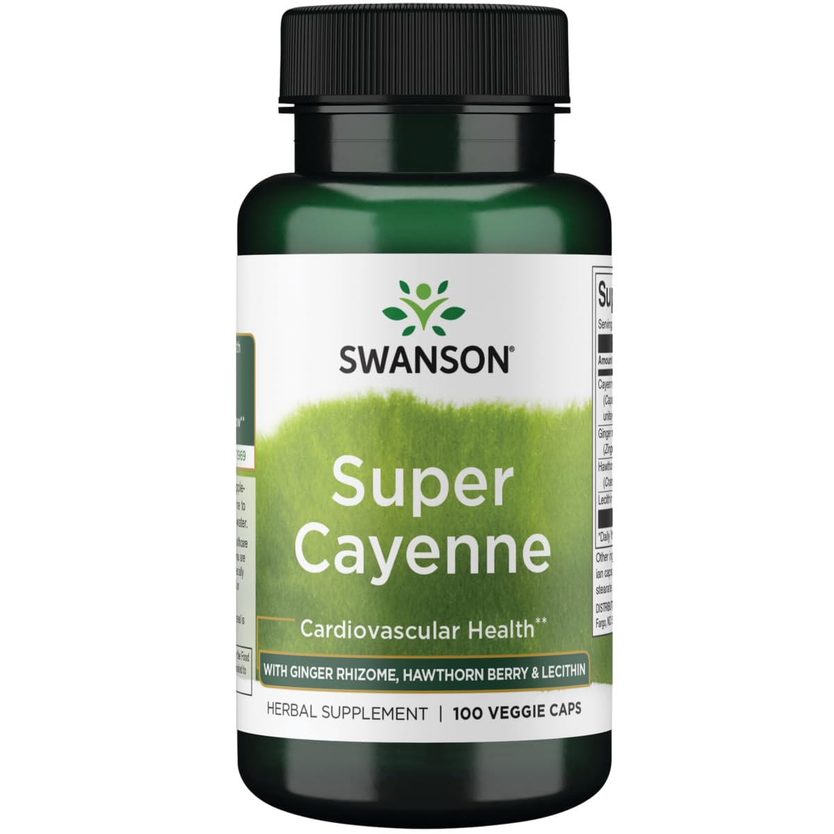 Swanson Super Cayenne 100 Veg Caps bottle with Ginger Rhizome, Hawthorn Berry and Lecithin