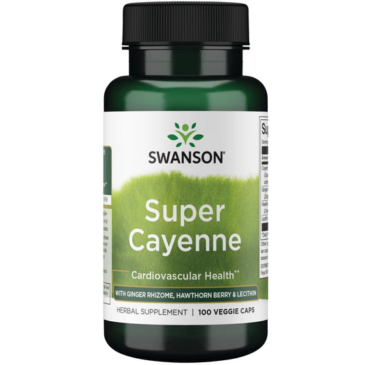 Swanson Super Cayenne 100 Veg Caps bottle with Ginger Rhizome, Hawthorn Berry and Lecithin