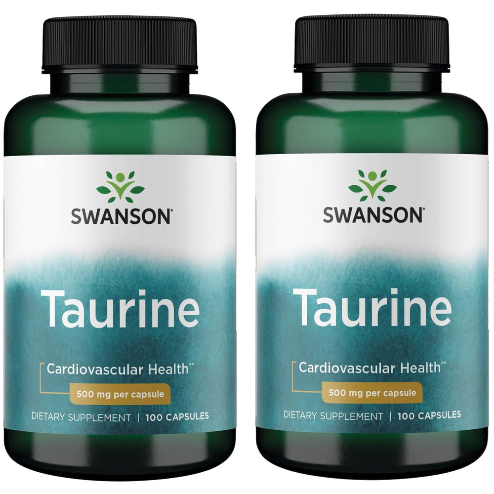 Swanson Taurine supplement bottle with 100 capsules (500 mg each), 2-pack, supporting energy and heart health.