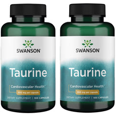 Swanson Taurine supplement bottle with 100 capsules (500 mg each), 2-pack, supporting energy and heart health.