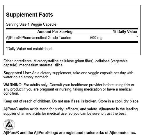 Close-up of Swanson Taurine Ajipure 500 mg vegetarian capsules