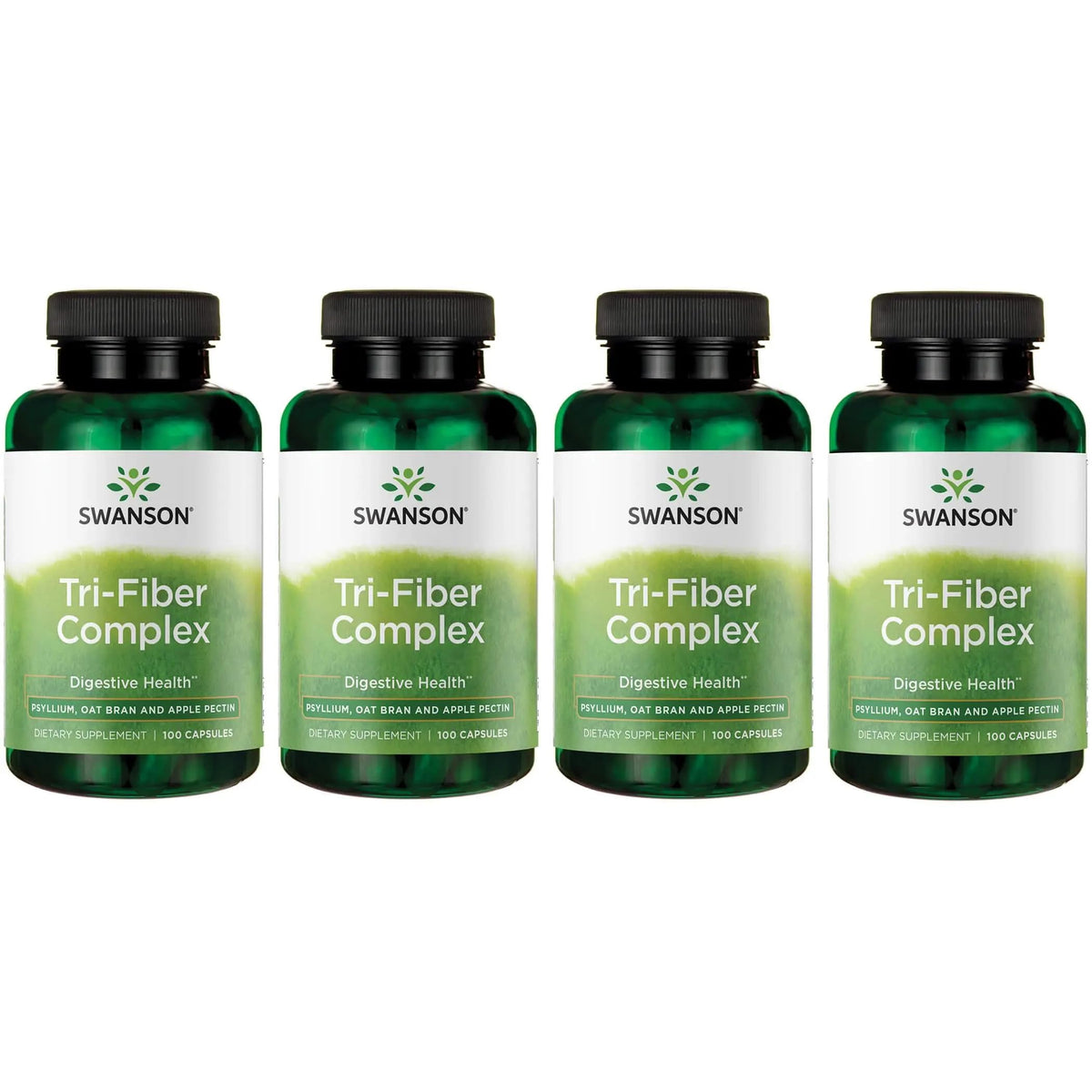 Hero image showing Swanson Tri-Fiber Complex 100-capsule bottle with a 4-pack