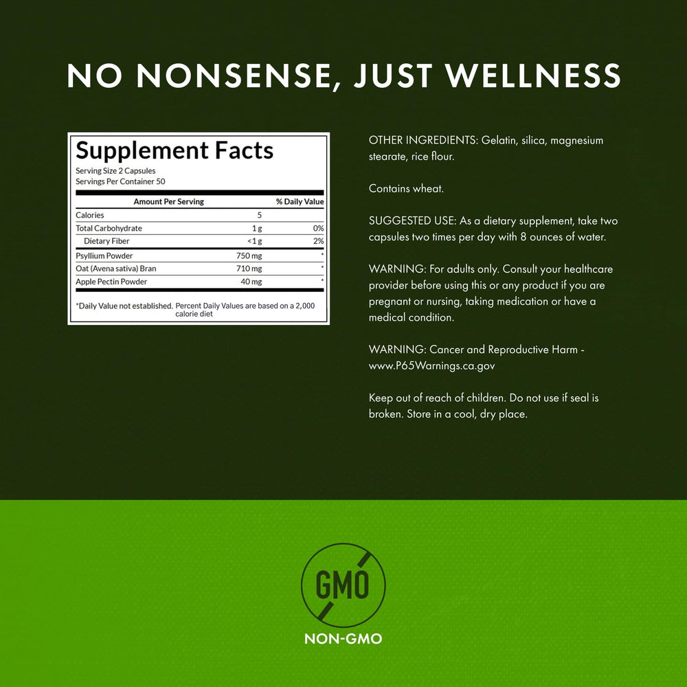Swanson Tri-Fiber Complex capsules ready for a daily two-capsule dose.